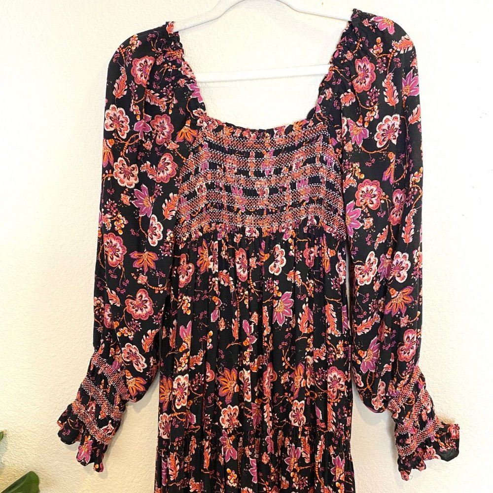Free People Sweet Escape Square Neck Long Puff Sleeve Floral Maxi Dress Black - Picture 4 of 8